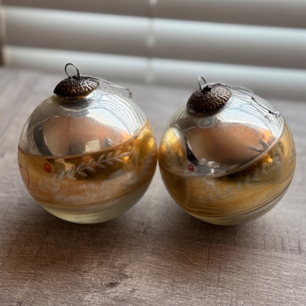 Antique German Glass Kugel or Kg. Style Ornaments, Heavy, Brass Cap, Gold/Silver